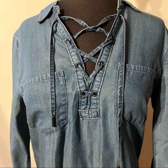 PAIGE Billie Chambray Denim Tunic Lace Up Neck Boho Casual Western Mini Dress S - Picture 3 of 5